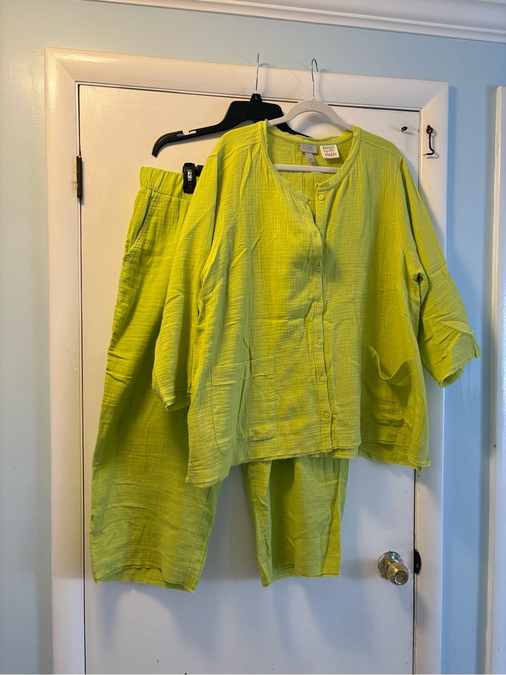 LOGO by Lori Goldstein Lime Green Relaxed Button-Front Pants Set